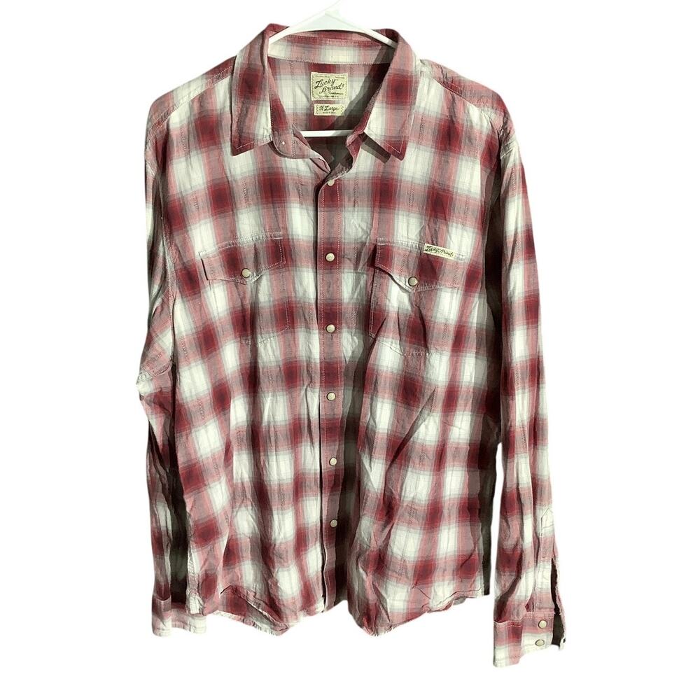 Lucky Brand Men's L Red White Western Classic Fit Plaid Button Down
